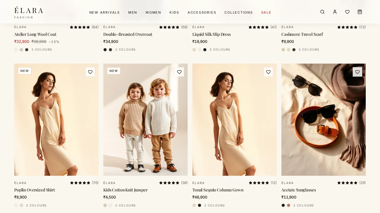 Elara Fashion — New arrivals product grid